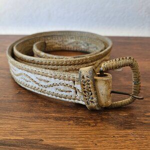 Vintage 80s Tan Khaki Beige Genuine Leather Braided Woven Distressed Belt 32/34